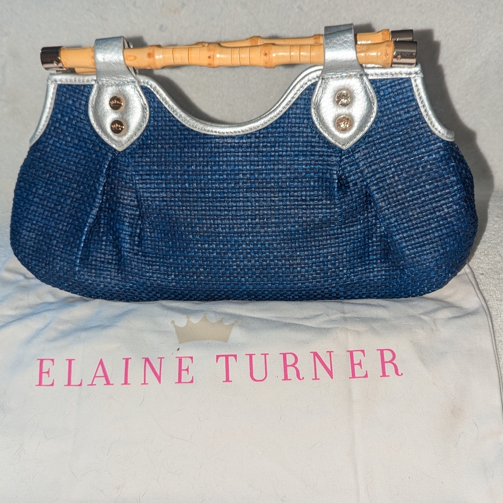 Elaine Turner Navy and Silver Clutch with Bamboo Handle